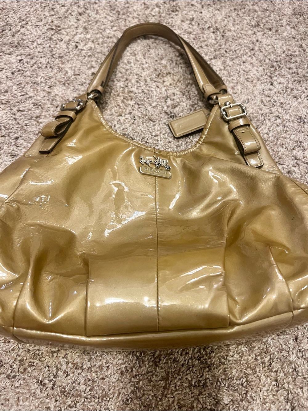 Coach Shiny Patent Leather Shoulder Bag in Gold